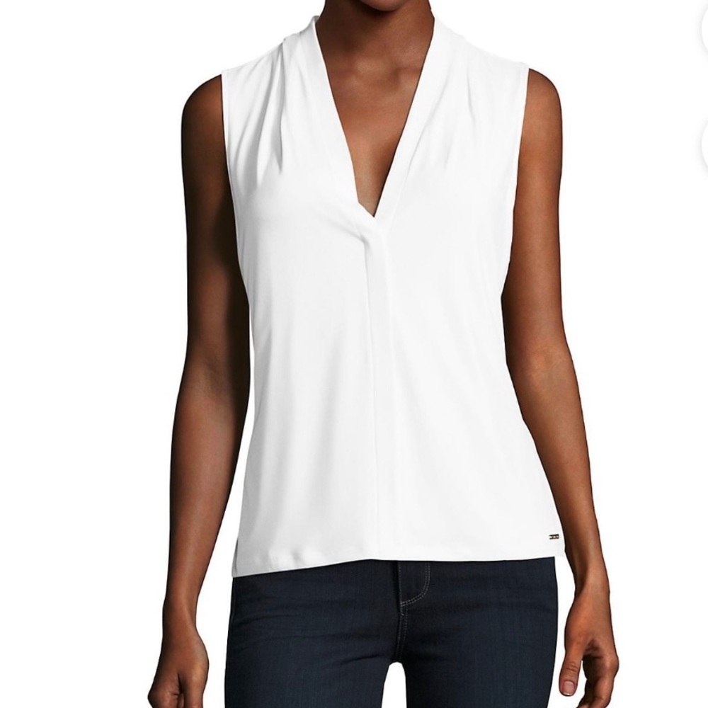Calvin Klein White Gathered V Neck Sleeveless Top Size Large